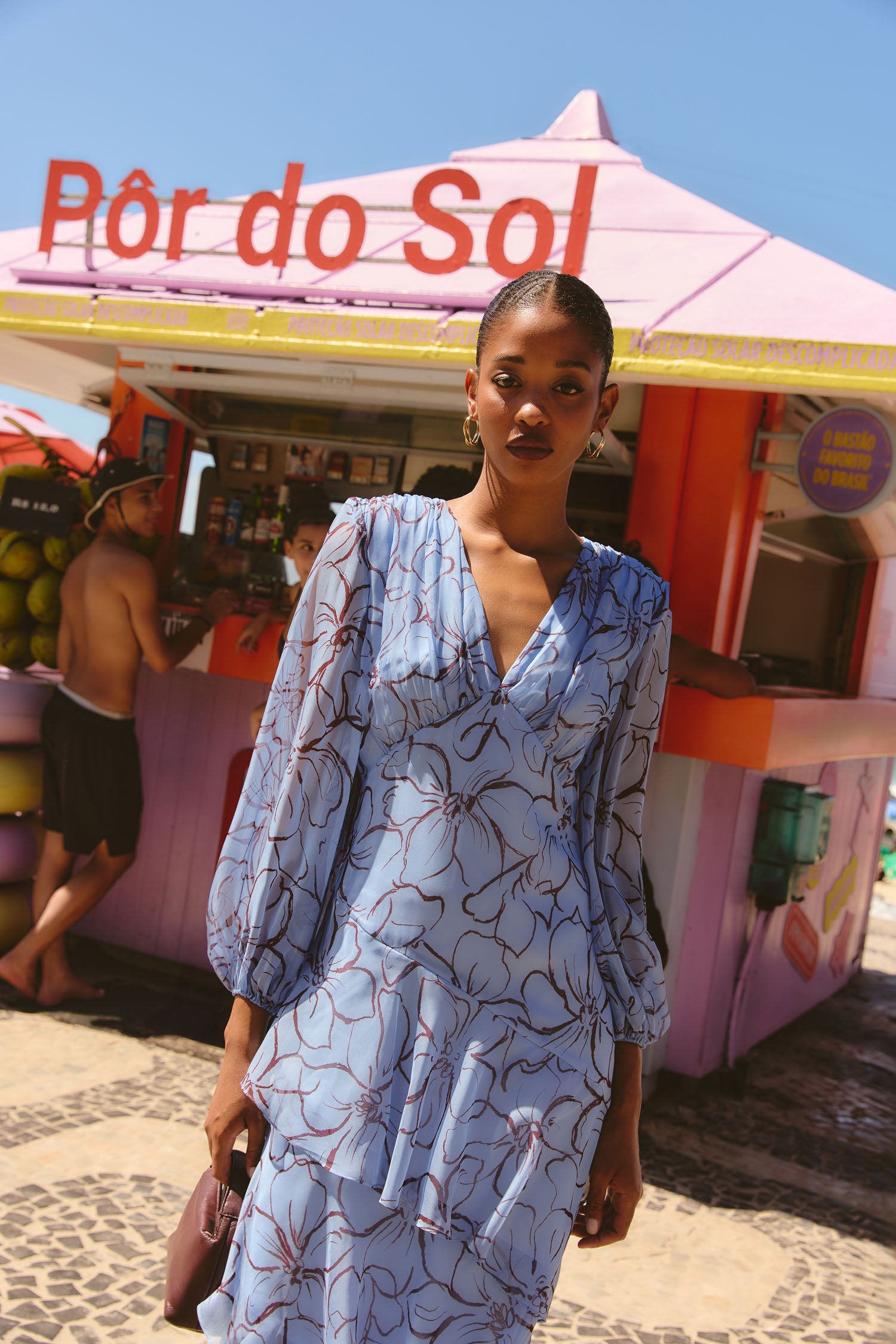 ワンピース Blue tweed papillon chain flare dress Printed Chiffon Midi Dress with Puff Sleeves & Ruffles Coelho