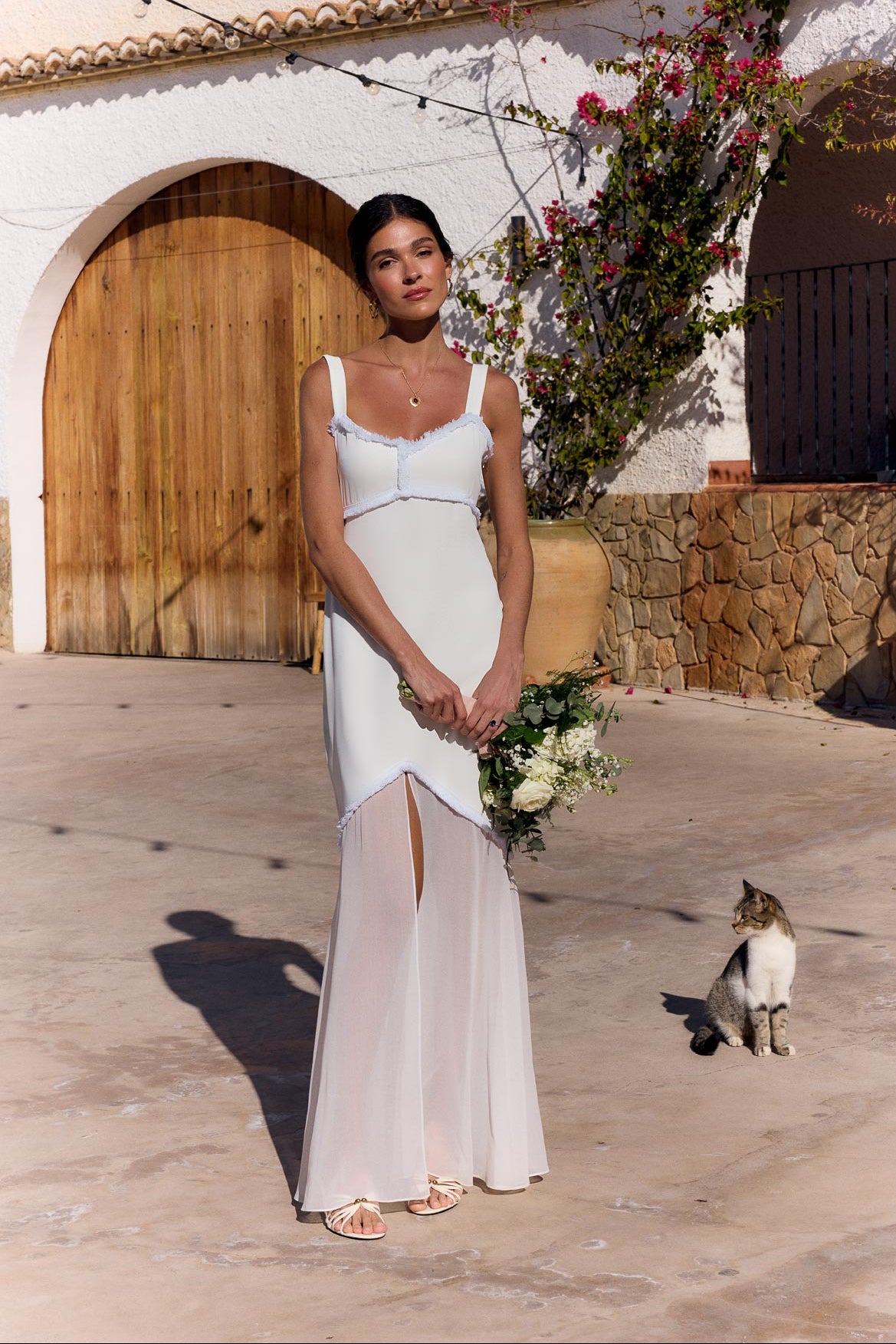 Long Crepe Dress with Heart-Shaped Neckline, Chiffon, and Fringe
