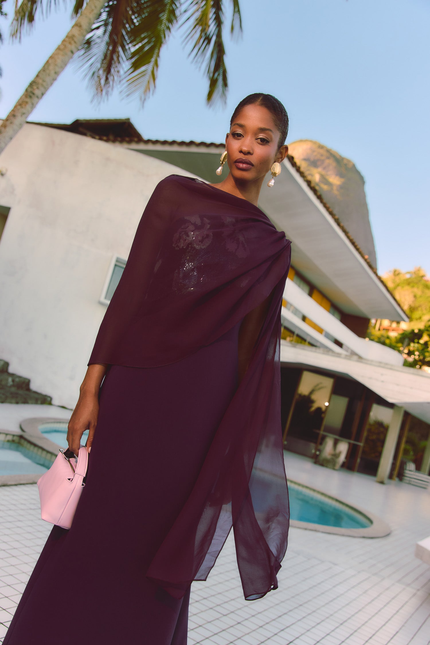 Long Satin Halter Dress with Contrast Details & Flowing Skirt