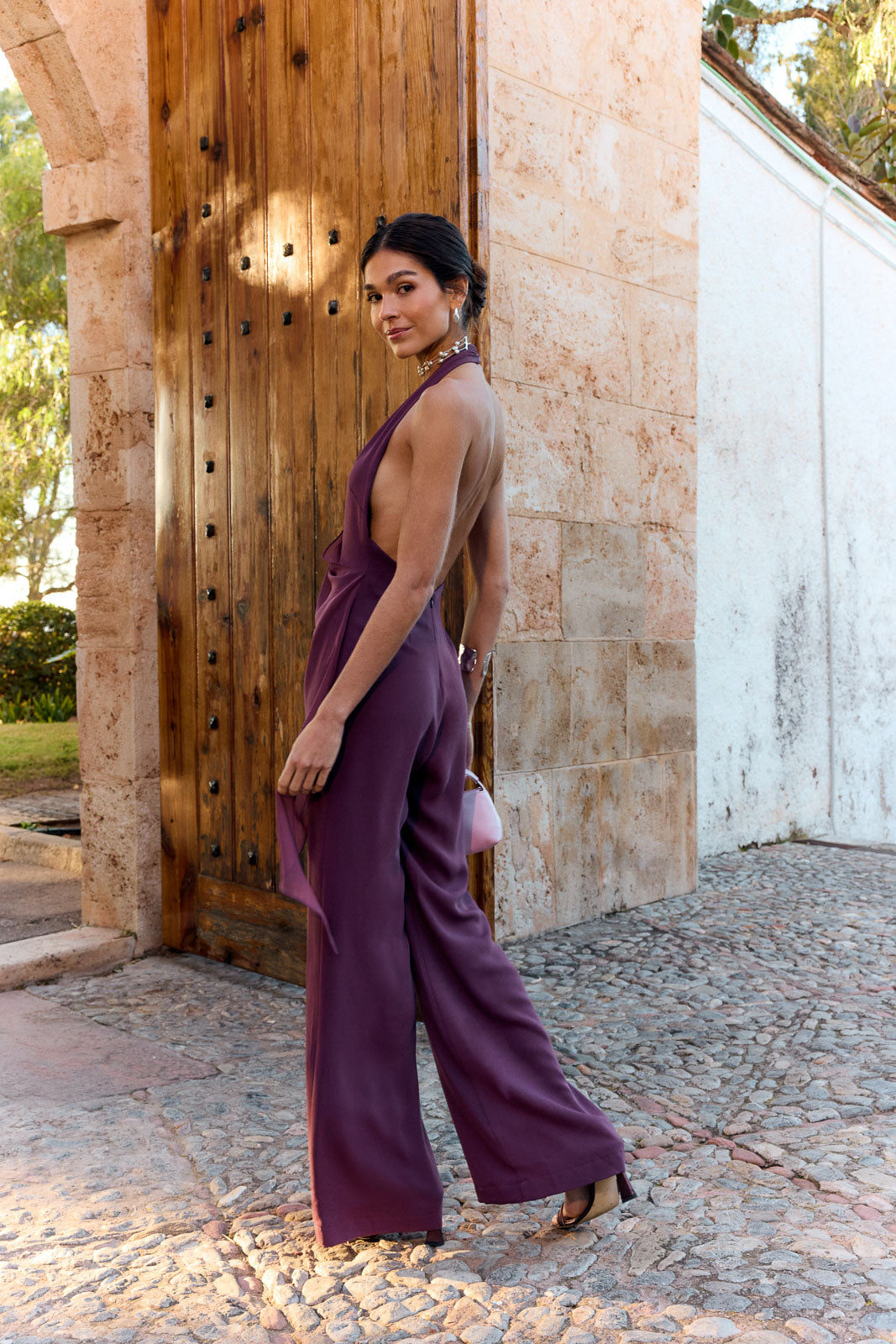 Halter Satin Asymmetric Chiffon Wide Leg Jumpsuit Balia Tinto