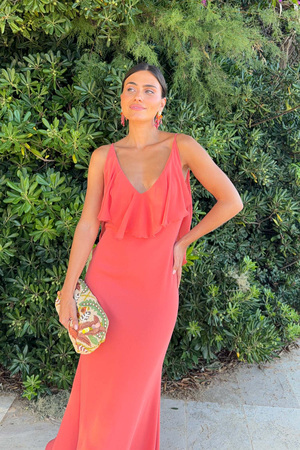 Long Dress with V-Neck, Ruffles & Chiffon Aquaria Coral