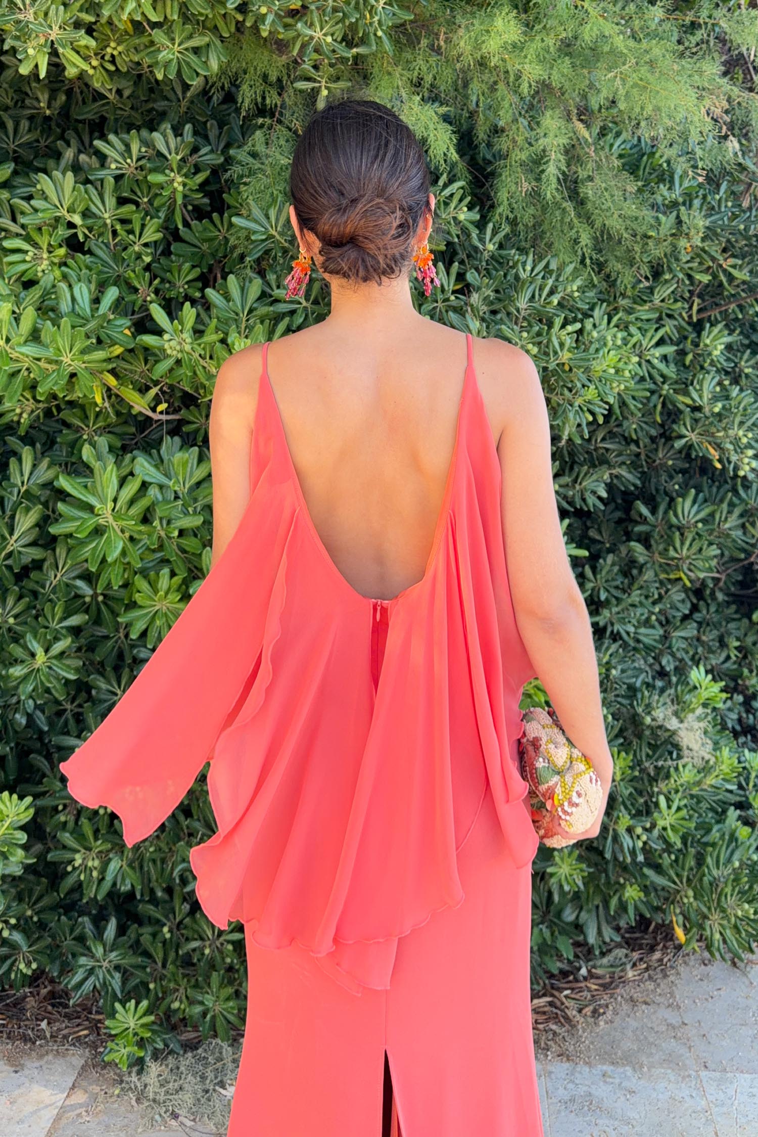Long Dress with V-Neck, Ruffles & Chiffon Aquaria Coral