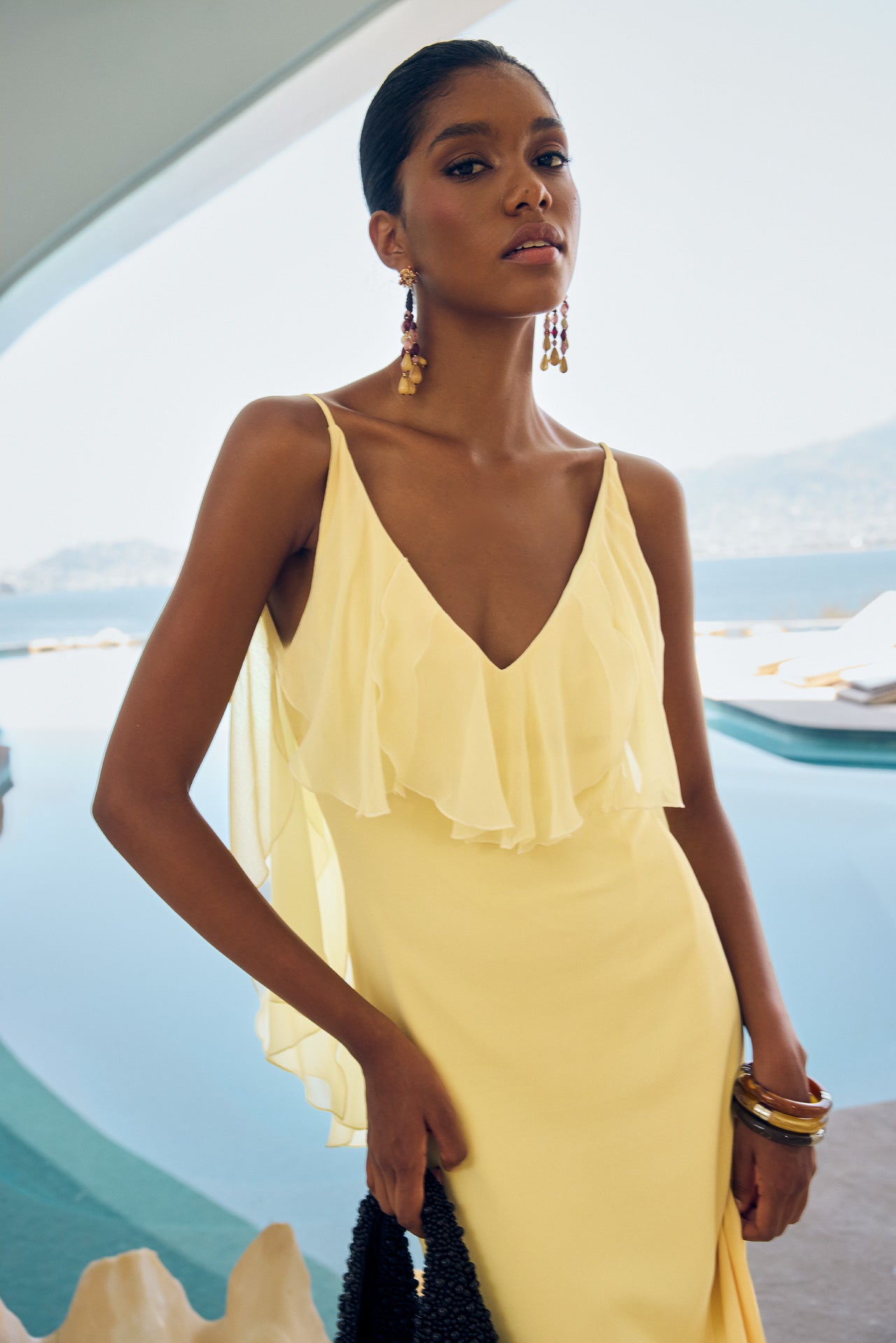 Long Dress with V-Neck, Ruffles & Chiffon Aquaria Vanilla