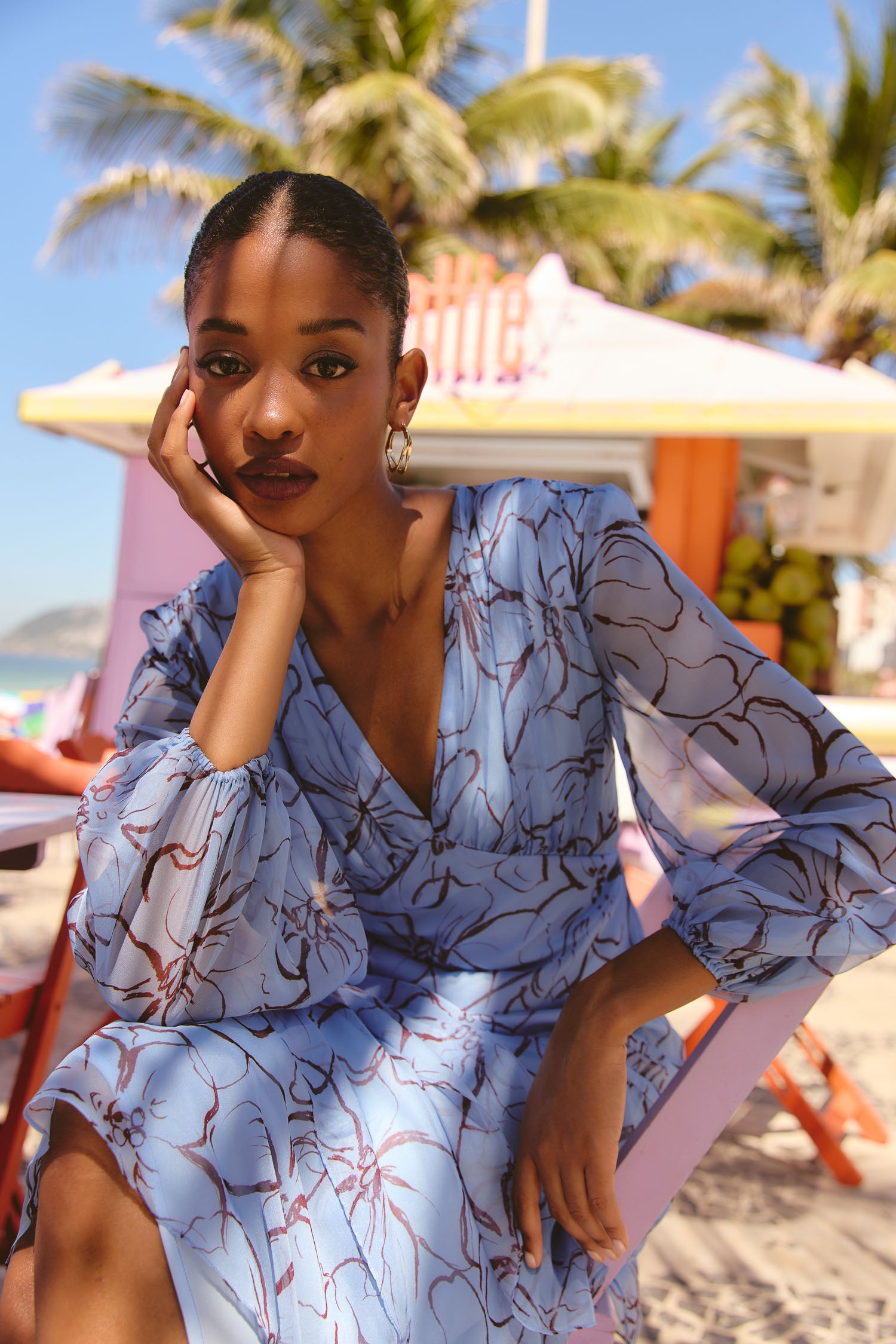 Printed Chiffon Midi Dress with Puff Sleeves & Ruffles Coelho