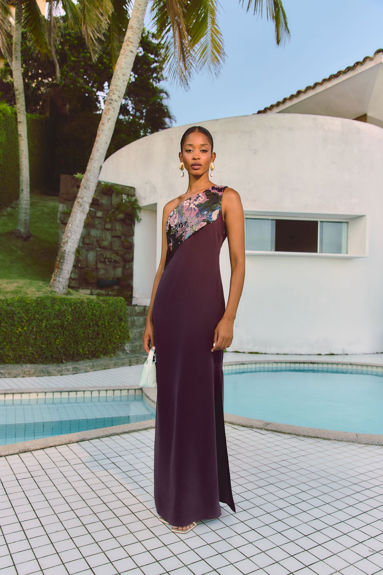 Flowing Asymmetric Long Sequin Dress with Side Slit Elyza Cherry