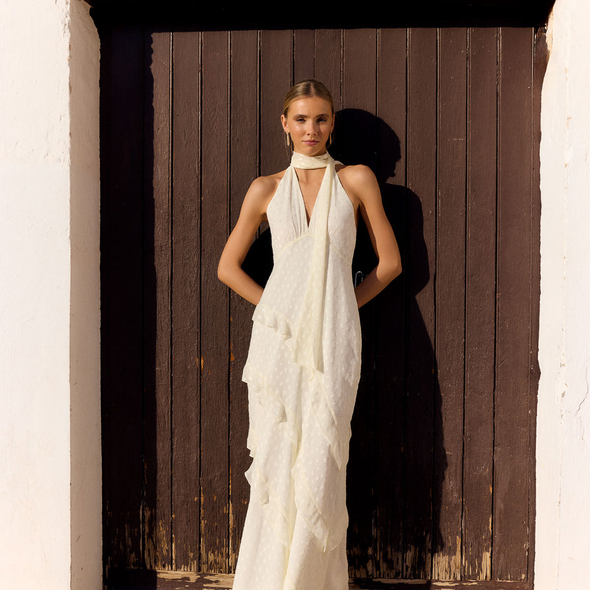 Long Jacquard Halter Dress with Ruffles & Neck Scarf Florence 