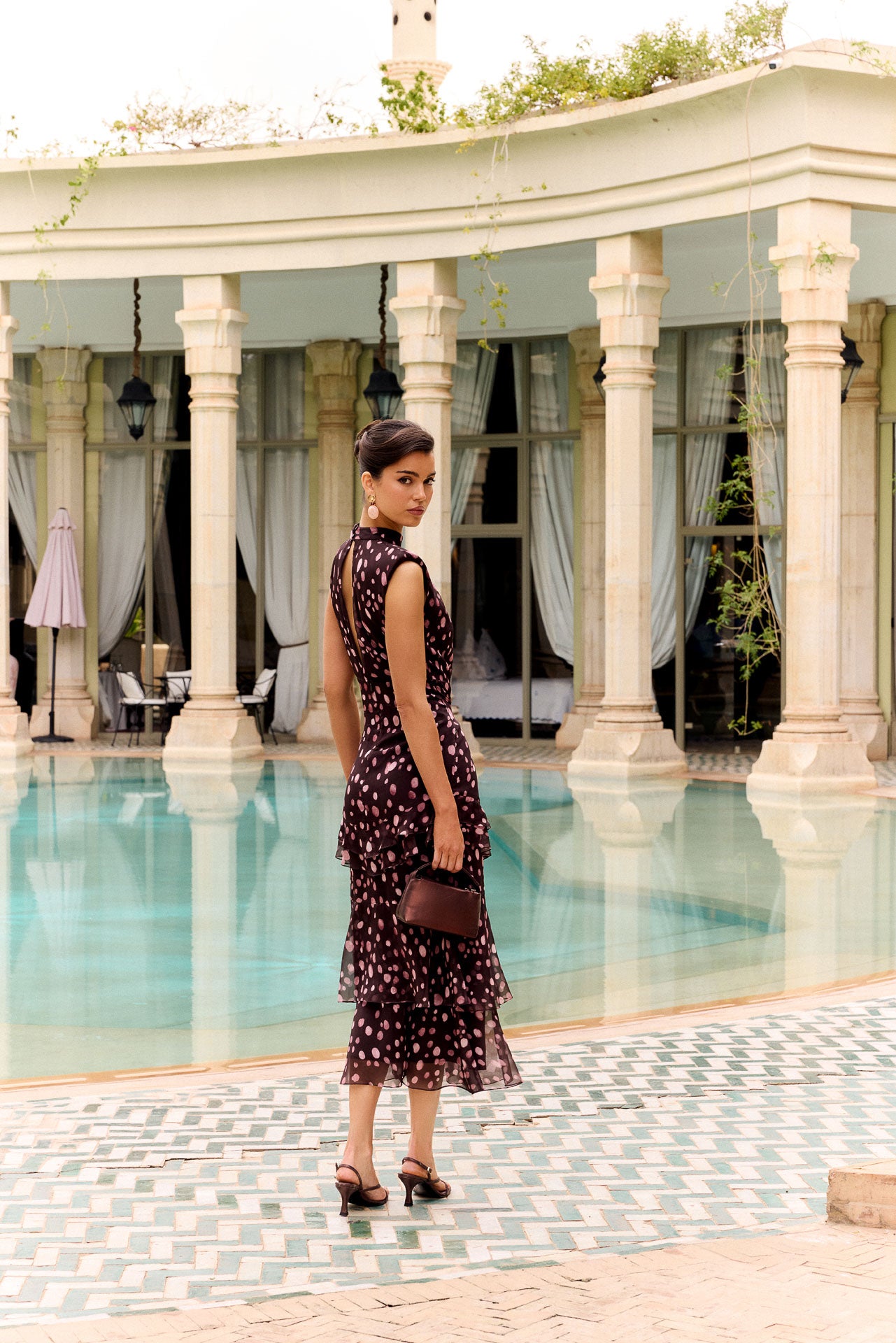 High Neck Polka Dot Midi Dress with Draping & Layered Ruffles