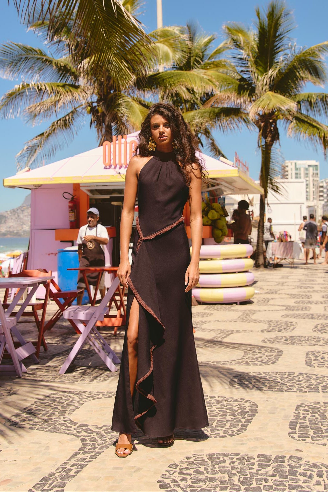 Kaela Chocolate Long Crepe Halter Dress with Pleats, Asymmetrical