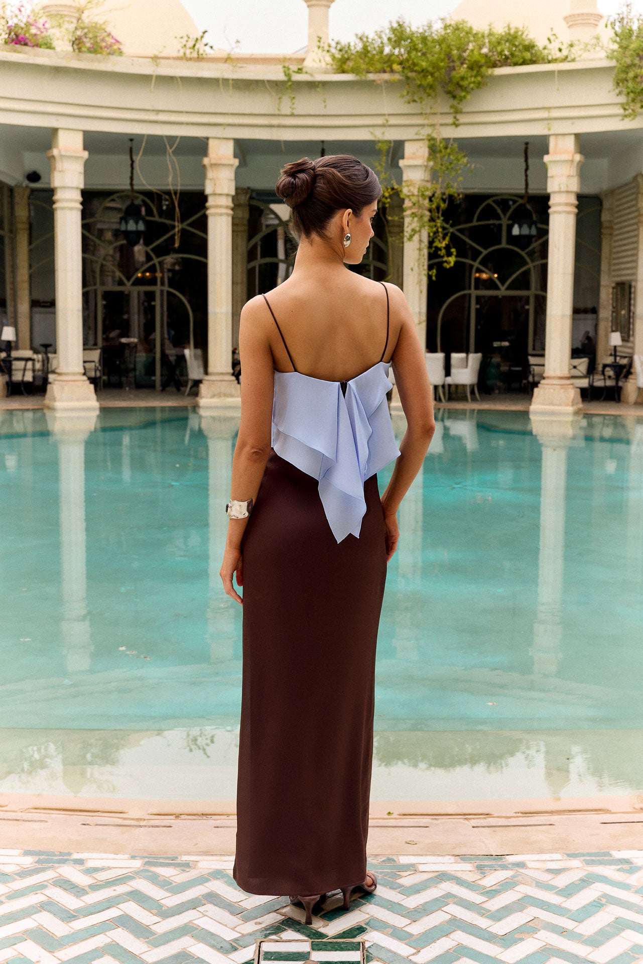 Long Two-Tone Dress with Overlay Chiffon Straps and Fitted Skirt