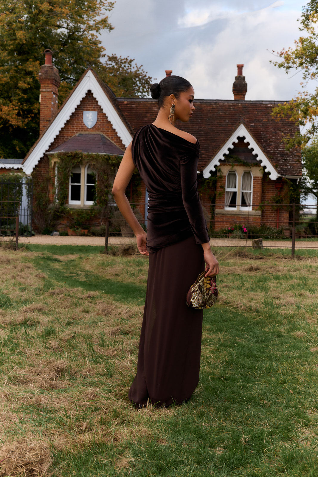 Asymmetrical Midi Dress in Velvet with Gathered Chiffon and Slit