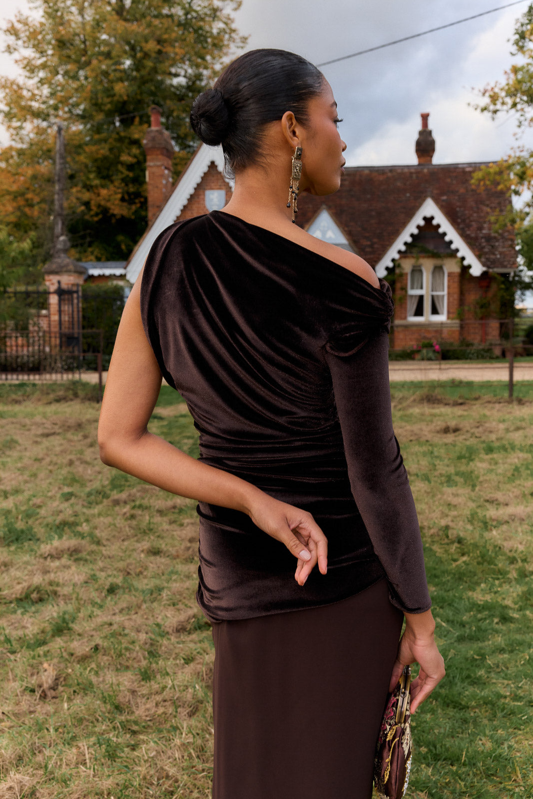 Asymmetrical Midi Dress in Velvet with Gathered Chiffon and Slit