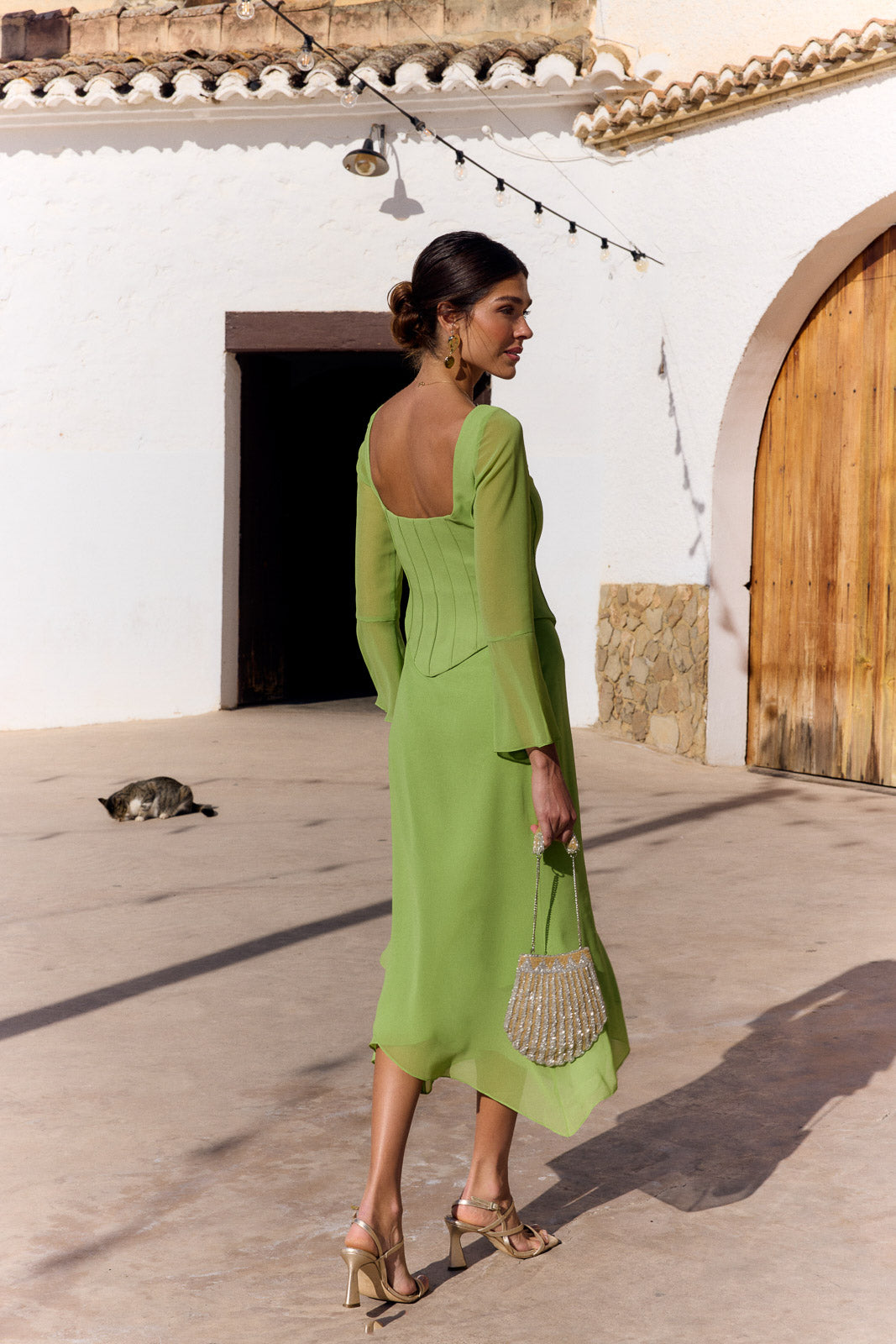 Corset Midi Dress with Square Neckline, Chiffon Sleeves