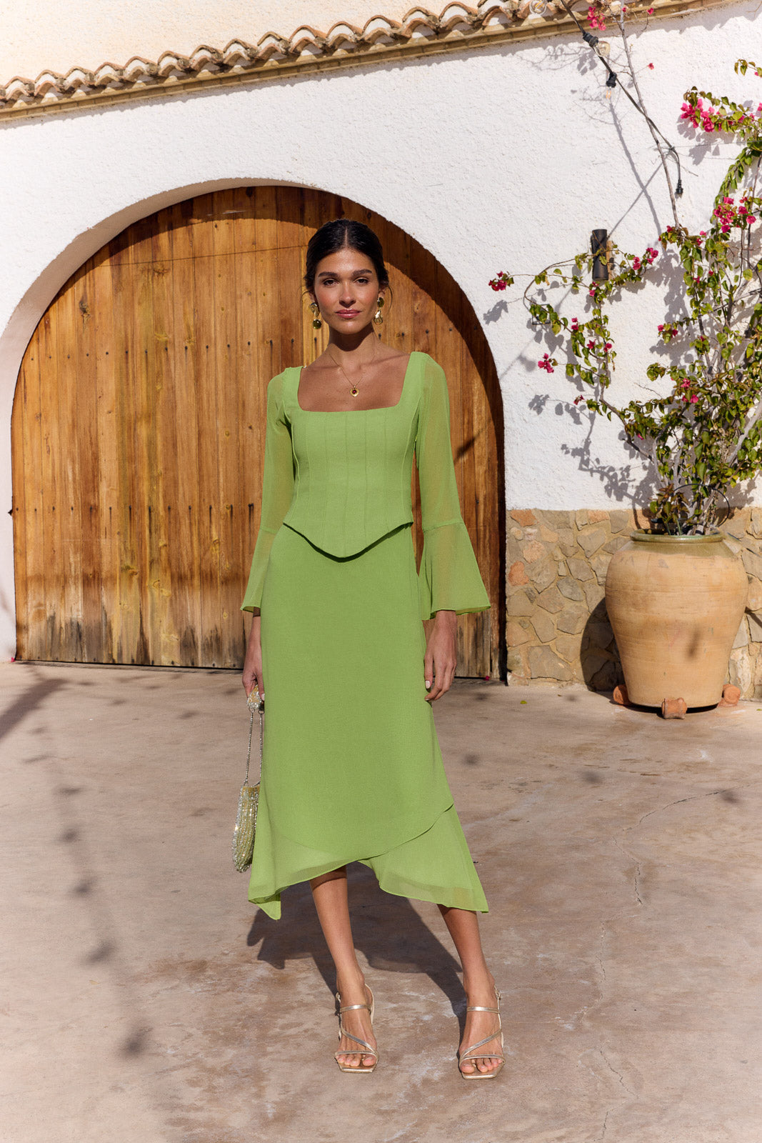 Corset Midi Dress with Square Neckline, Chiffon Sleeves
