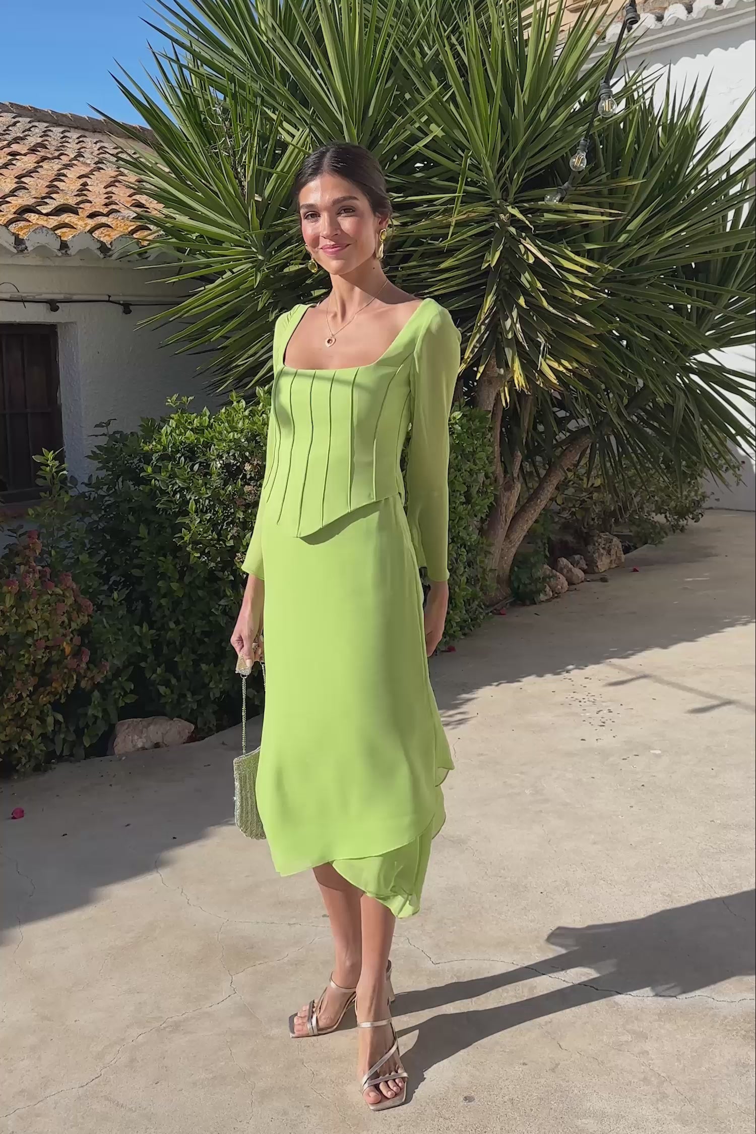 Corset Midi Dress with Square Neckline, Chiffon Sleeves
