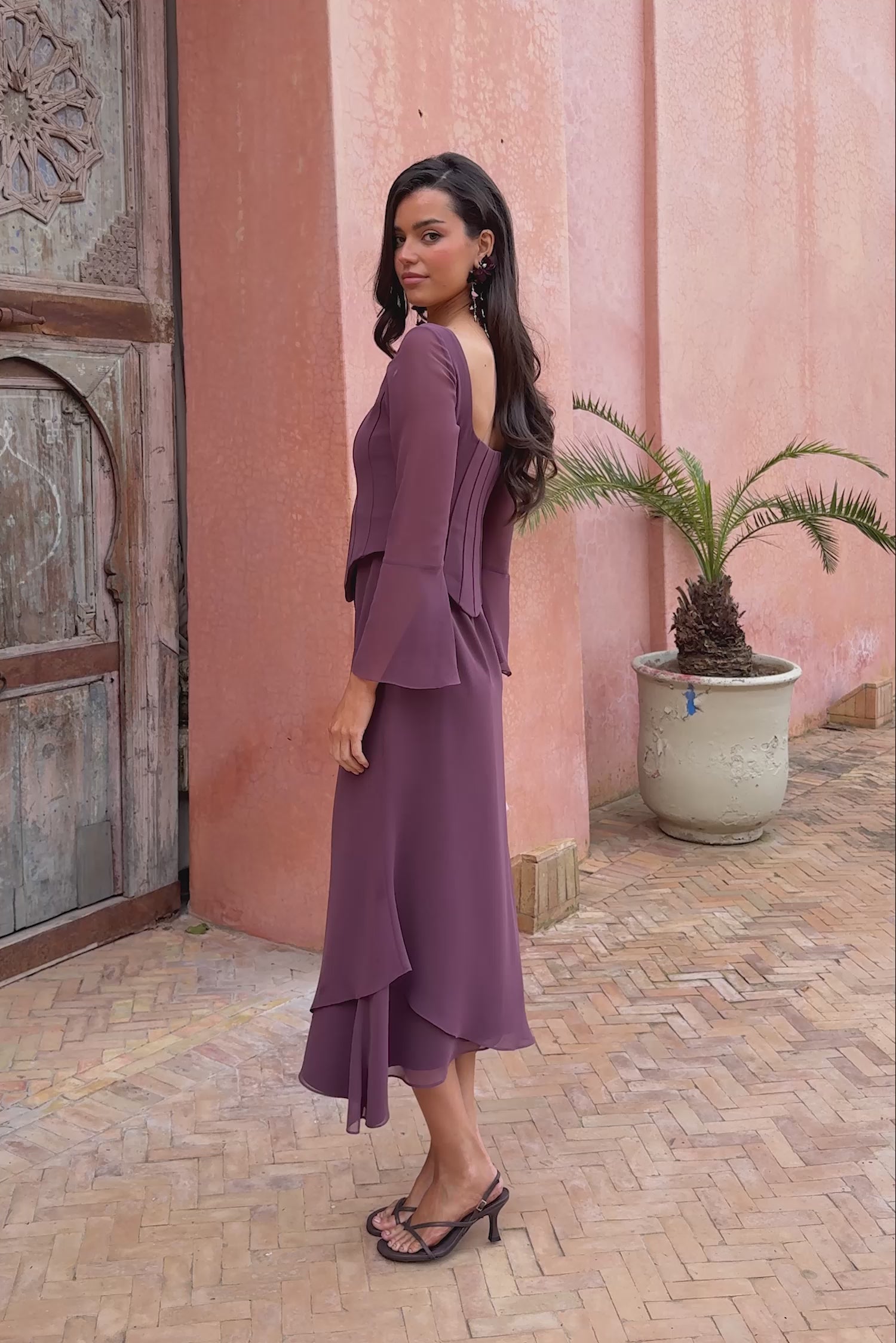 Corset Midi Dress with Square Neckline, Chiffon Sleeves