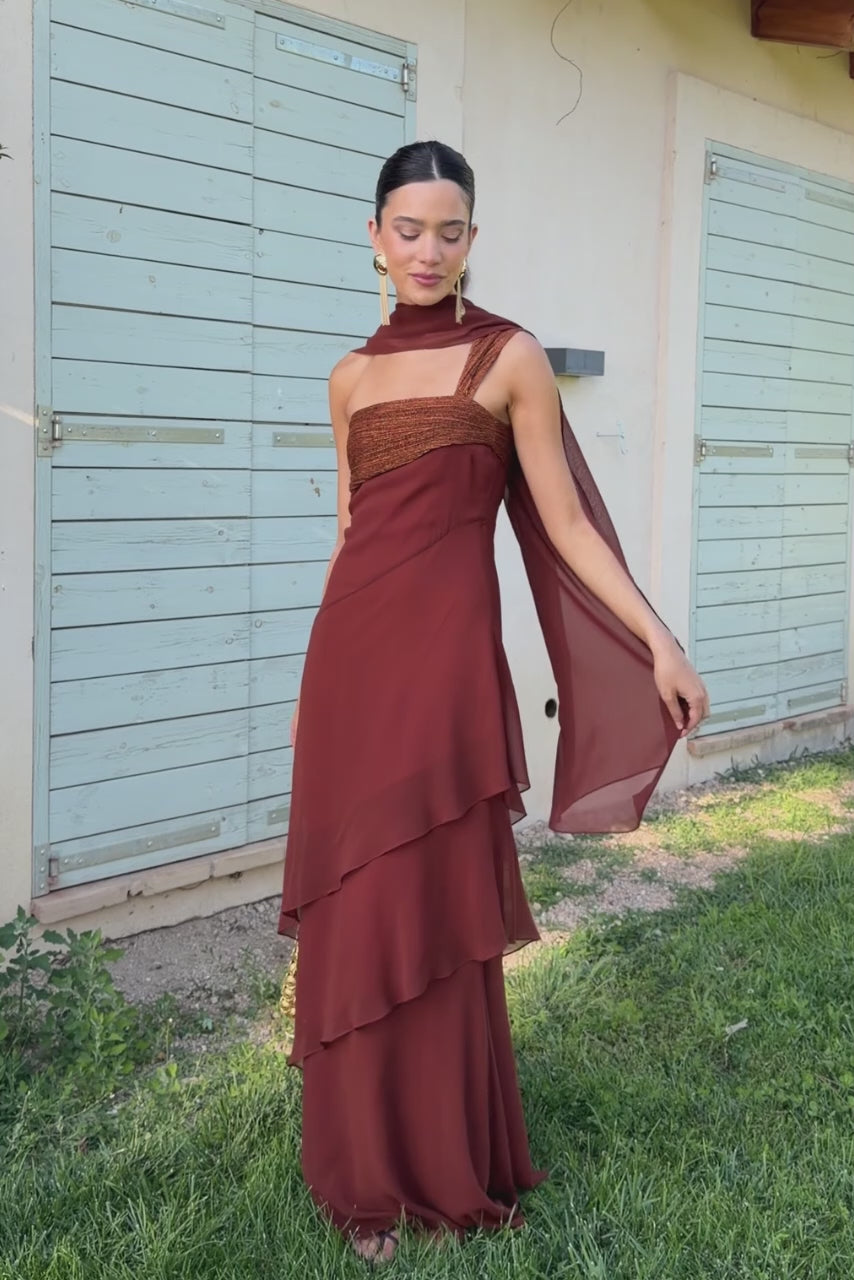 Long Asymmetric Chiffon Dress with Ruffles Antonella Copper | Lady