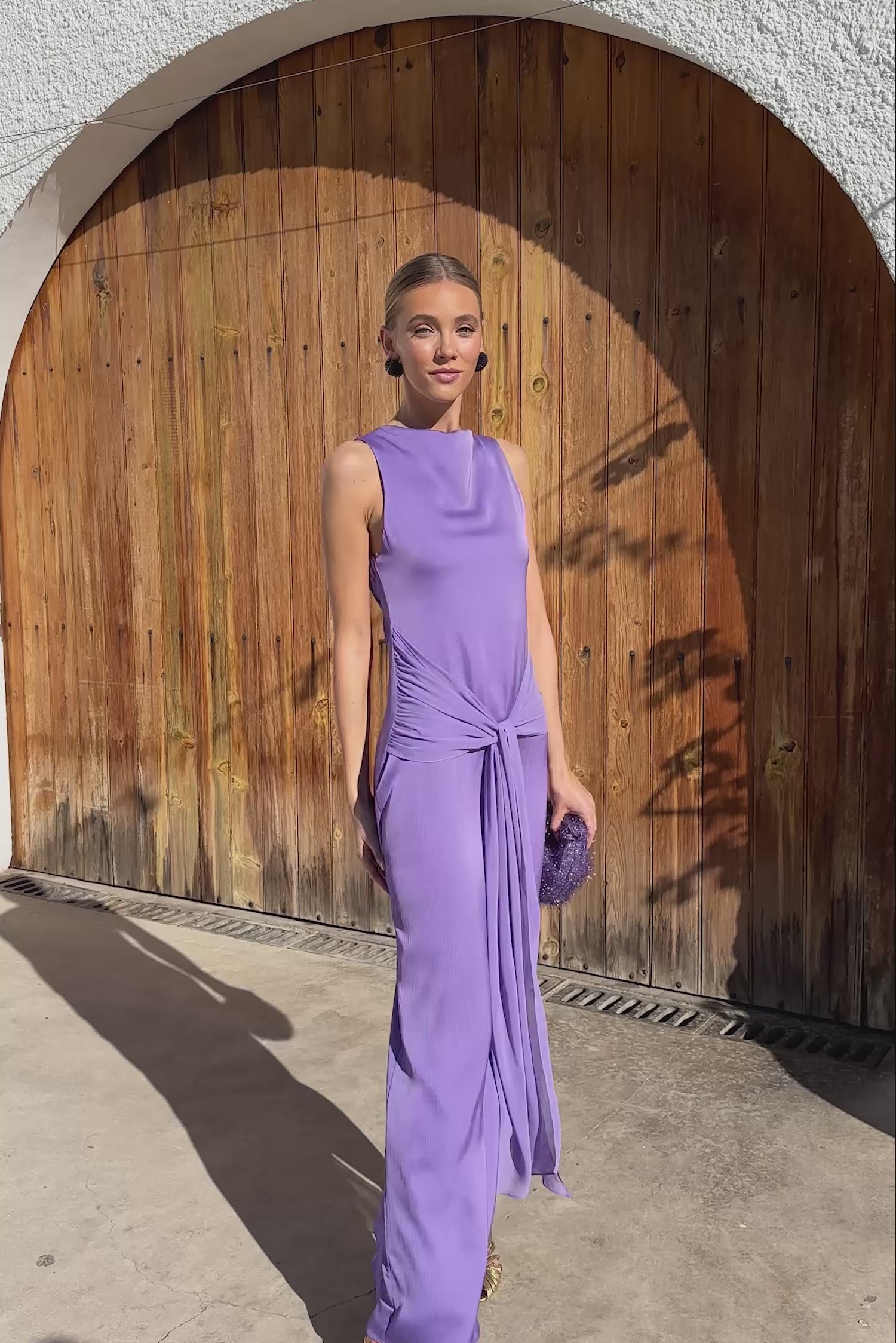 Long Satin Dress with Waist Knot, Chiffon & Open Back Brasilia