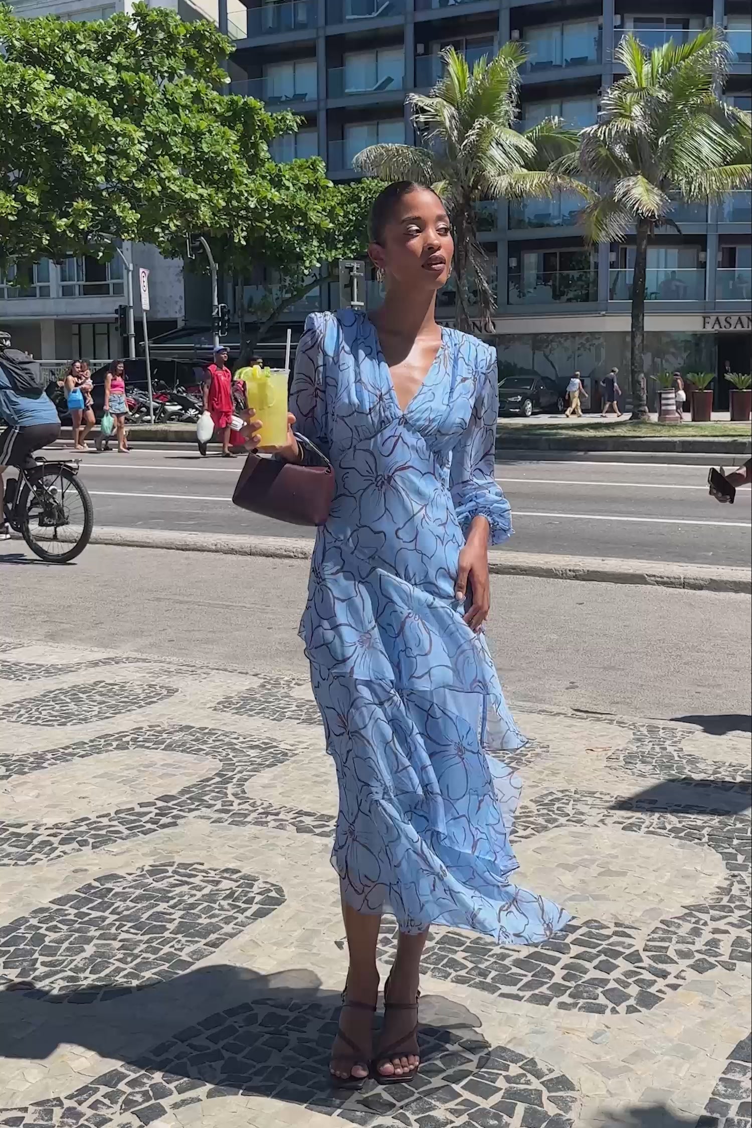 Printed Chiffon Midi Dress with Puff Sleeves & Ruffles Coelho